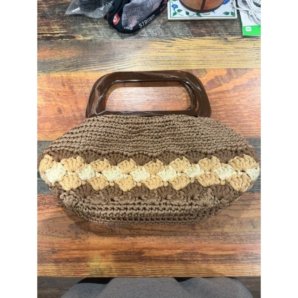 Vintage 70s Handmade Crochet Purse Brown Cream Boho Granny Square Handbag